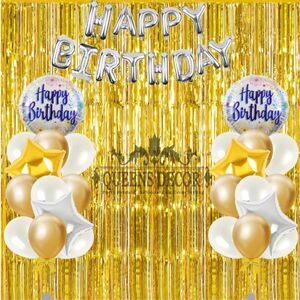 Birthday Party Kit with Fringe Curtain,Birthday Sign, Latex and Foil Balloons